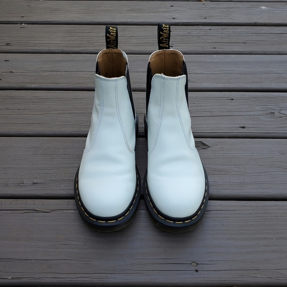 Dr Martens 2976 Yellow Stitch White Smooth Leather Elastic Slip-on Chelsea Boots - Picture 5 of 9